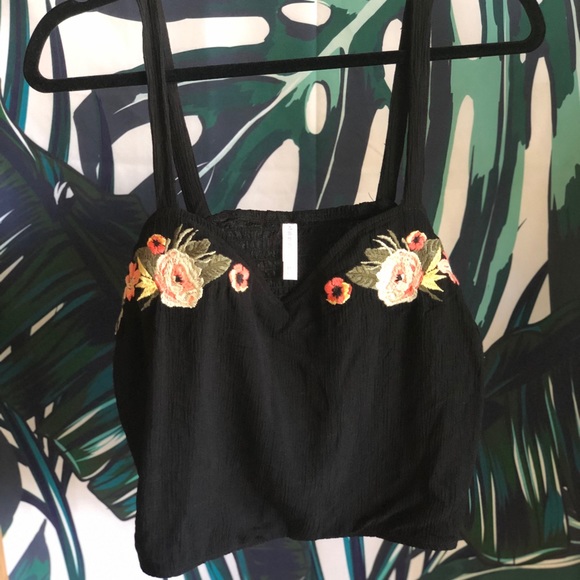 Xhilaration Tops - Black Crop Top with Floral Embroidery!